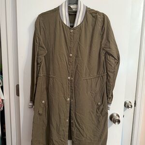 Olive Green Long Jacket with Striped Collar